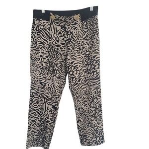 Anne Klein Women's Black Beige Animal Print Ankle Pants Gold Lion Buttons Size S